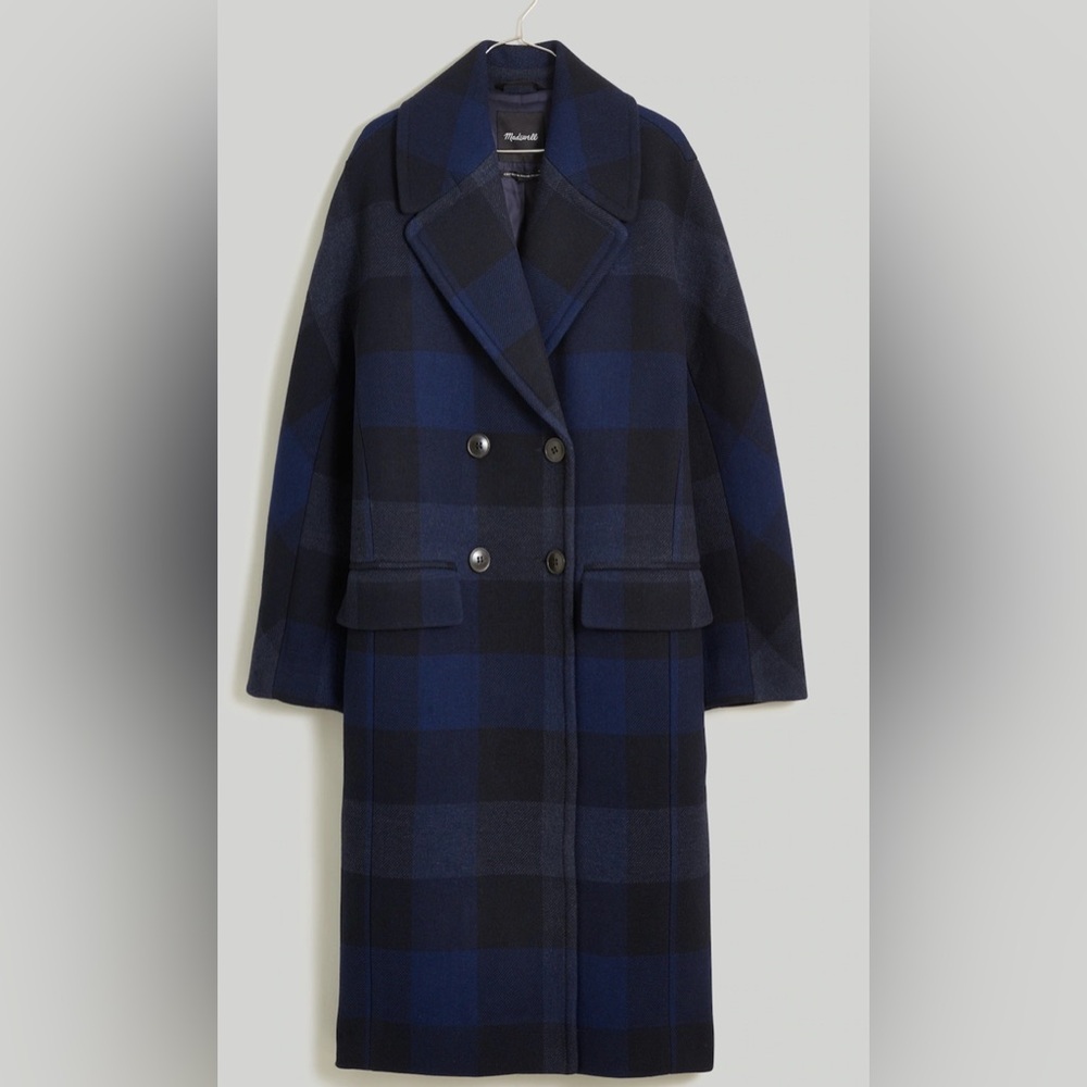 NWT Madewell Gianna Blue and Black Plaid Coat, Italian Wool blend, Size 2